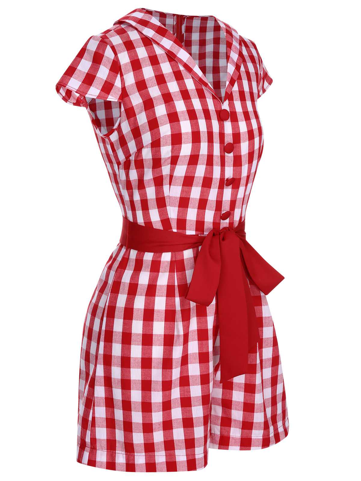 Red 1940s Lapel Plaids Belted Romper - Image 3