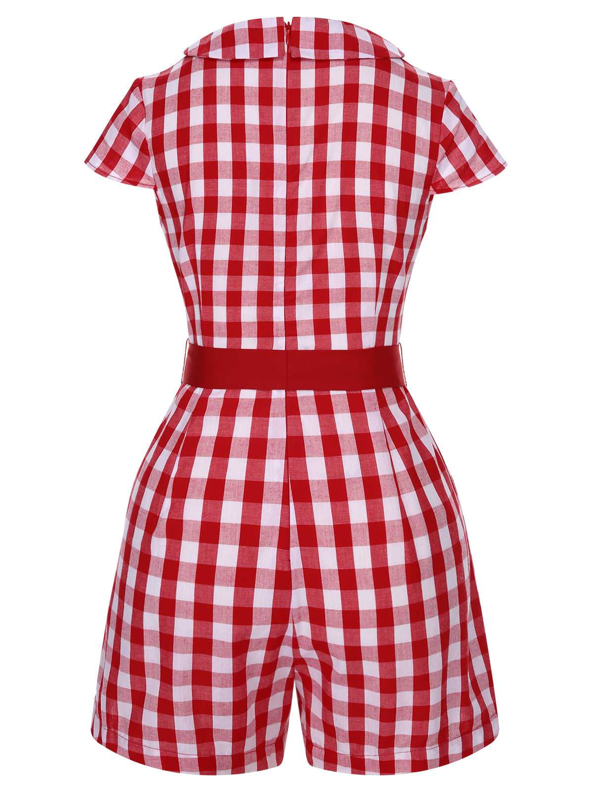 Red 1940s Lapel Plaids Belted Romper - Image 4