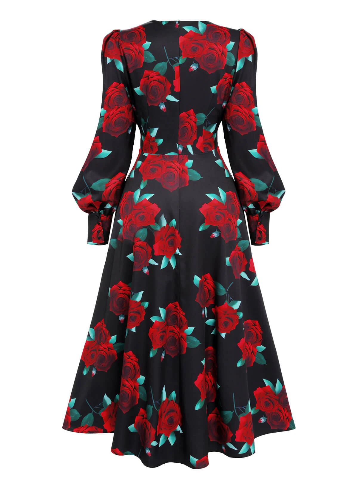 Black 1940s Rose Lantern Sleeve Lace-Up Dress - Image 4