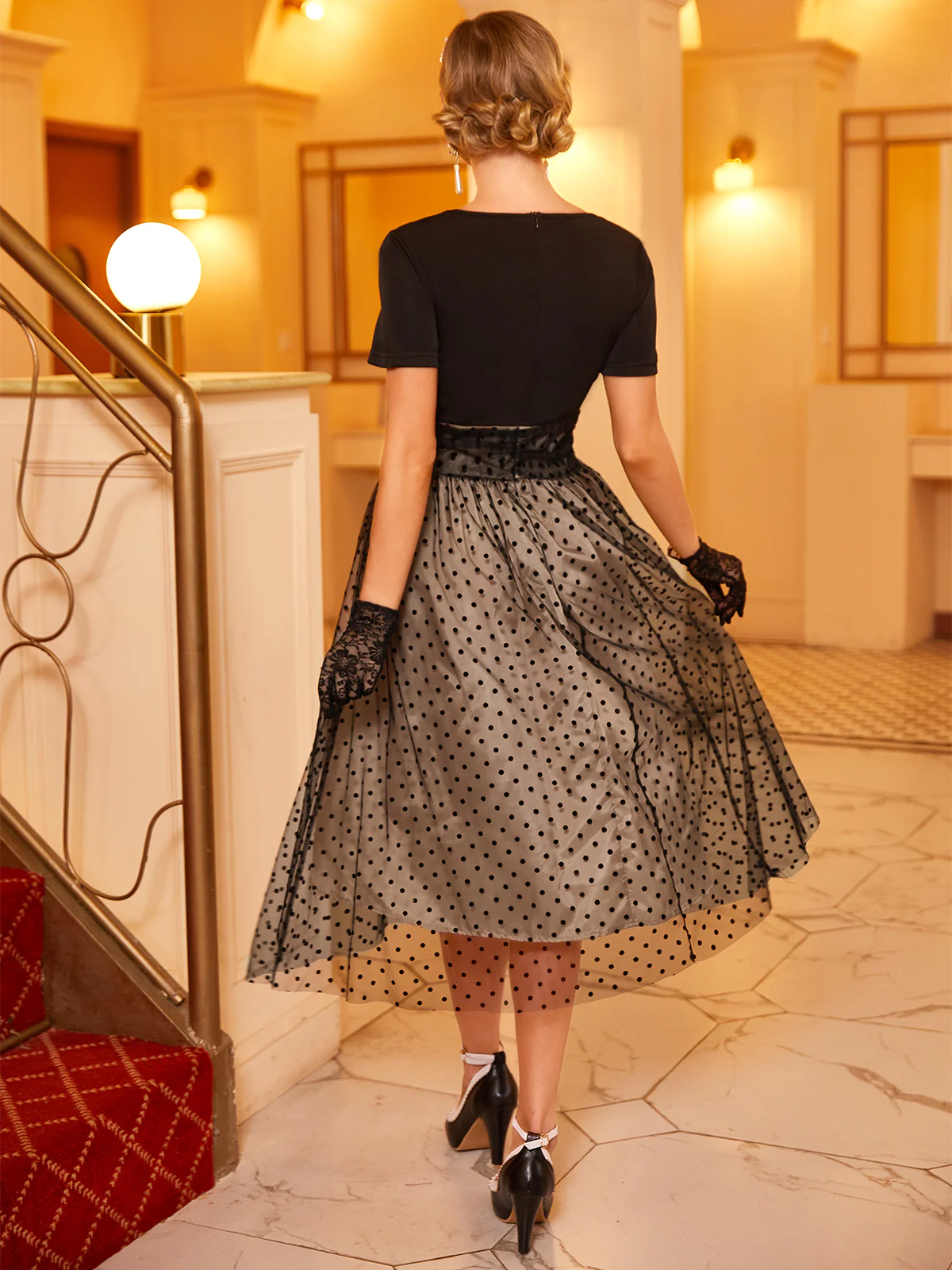 Black 1950s Polka Dot Swing Dress - Image 4