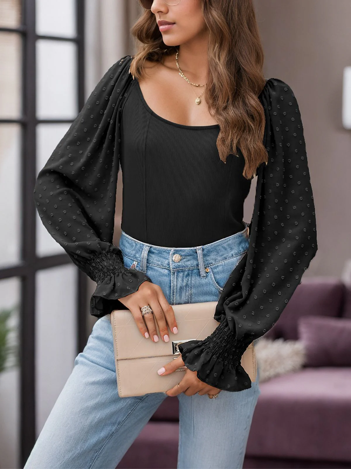 Black 1960s Solid Lantern Sleeve U-Neck Top - Image 3