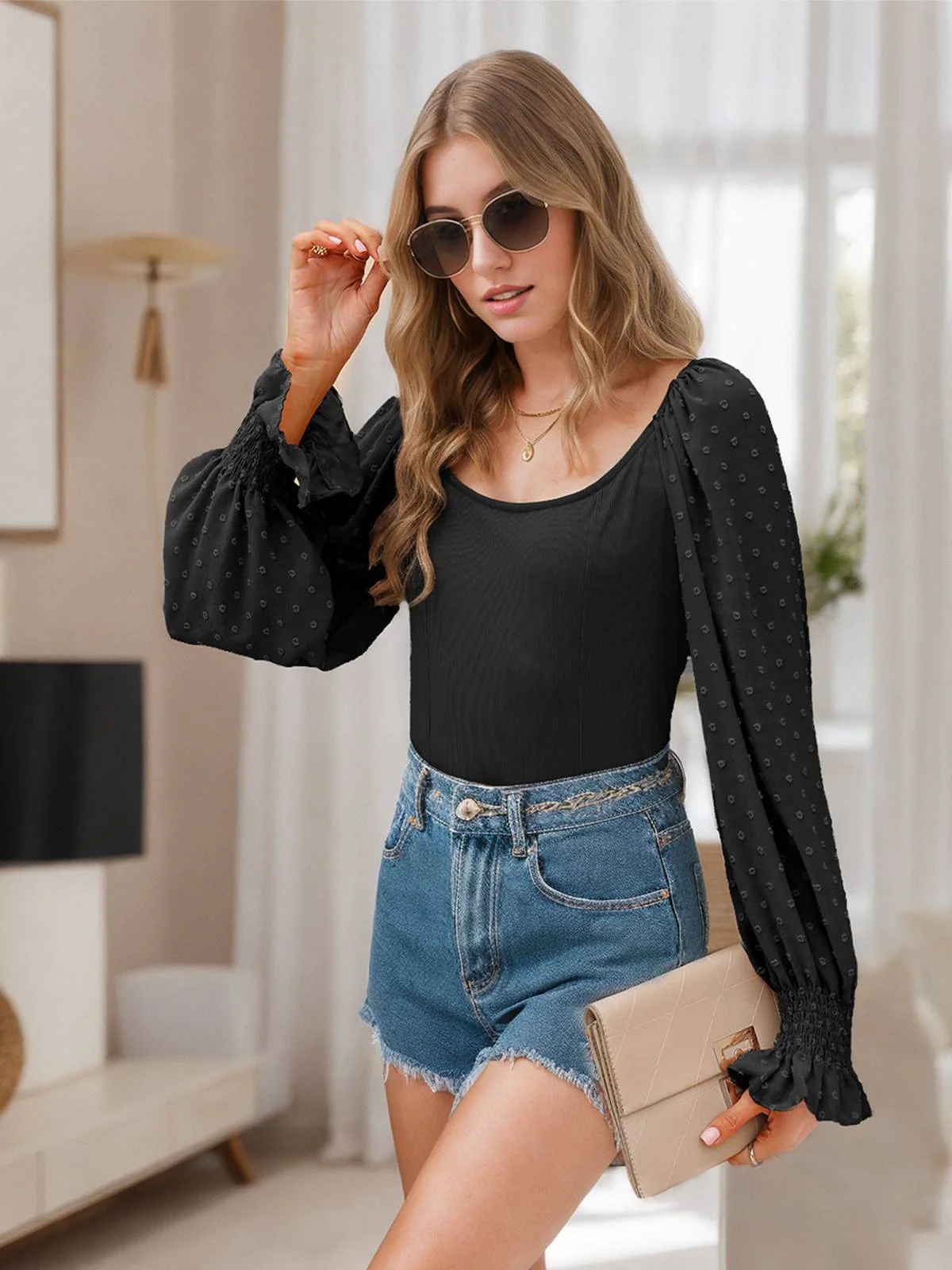 Black 1960s Solid Lantern Sleeve U-Neck Top - Image 5