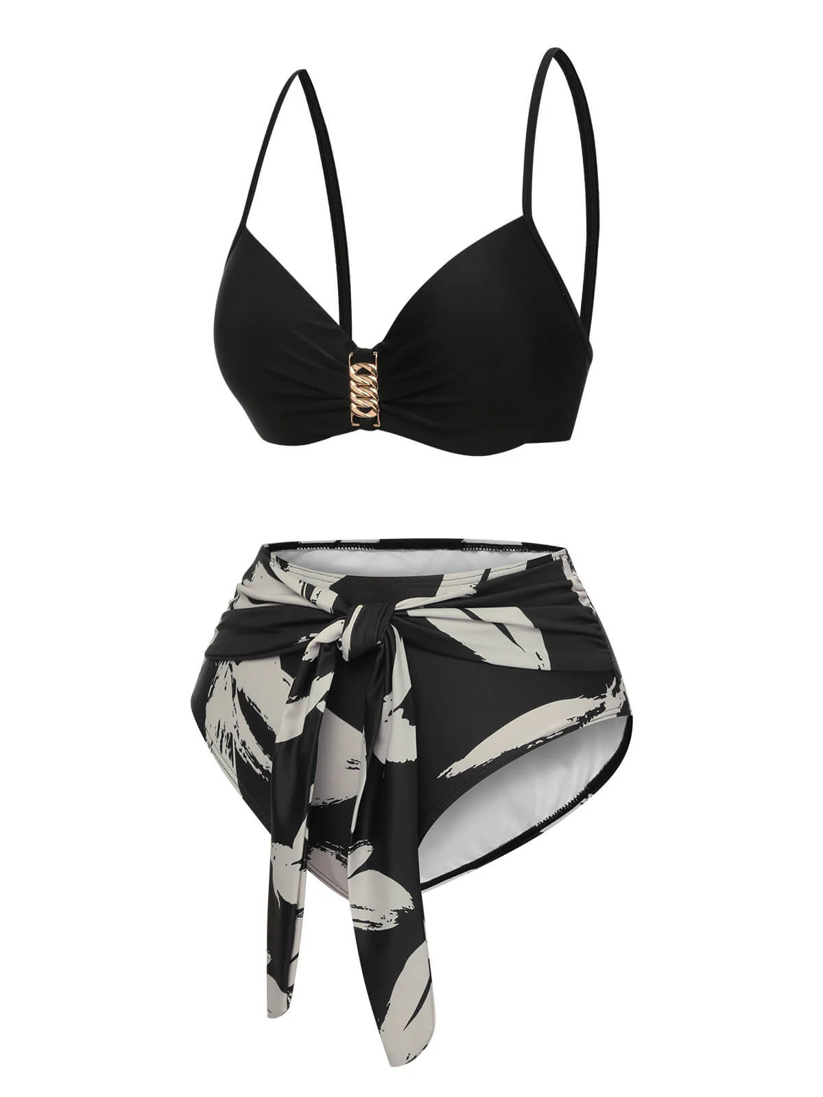 Black 1970s Leaves Strap Bikini & Long Cover-Up - Image 3