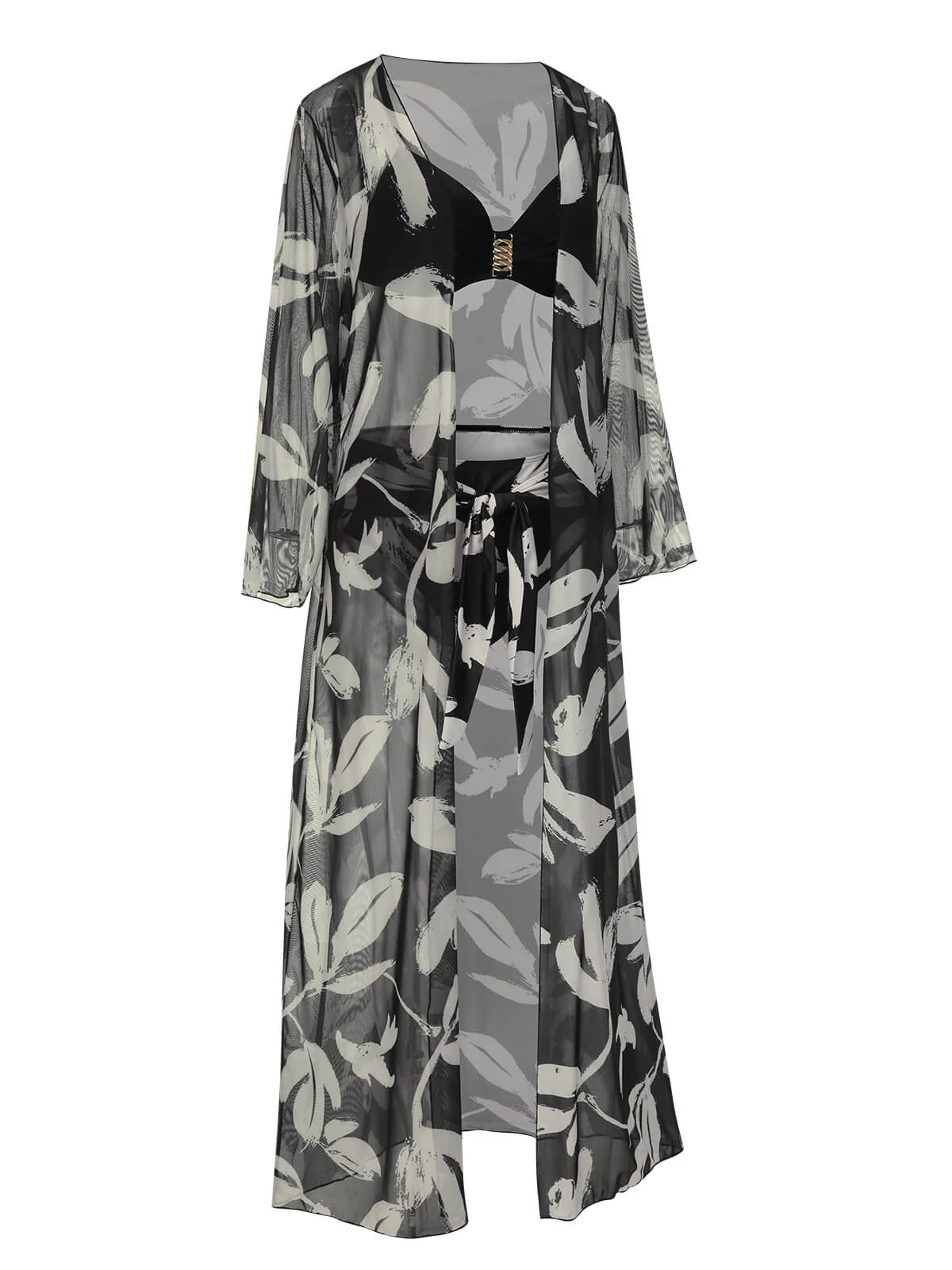 Black 1970s Leaves Strap Bikini & Long Cover-Up - Image 5