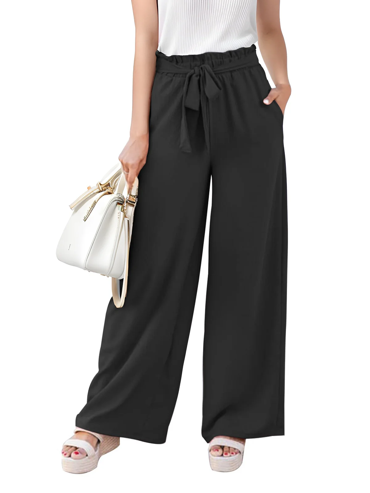 Black 1970s Solid Belted Wide-Leg Pants - Image 10