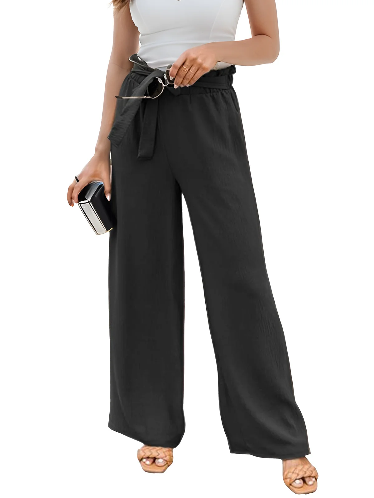 Black 1970s Solid Belted Wide-Leg Pants - Image 11