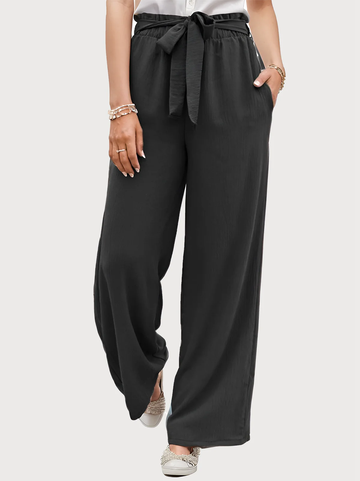 Black 1970s Solid Belted Wide-Leg Pants - Image 7