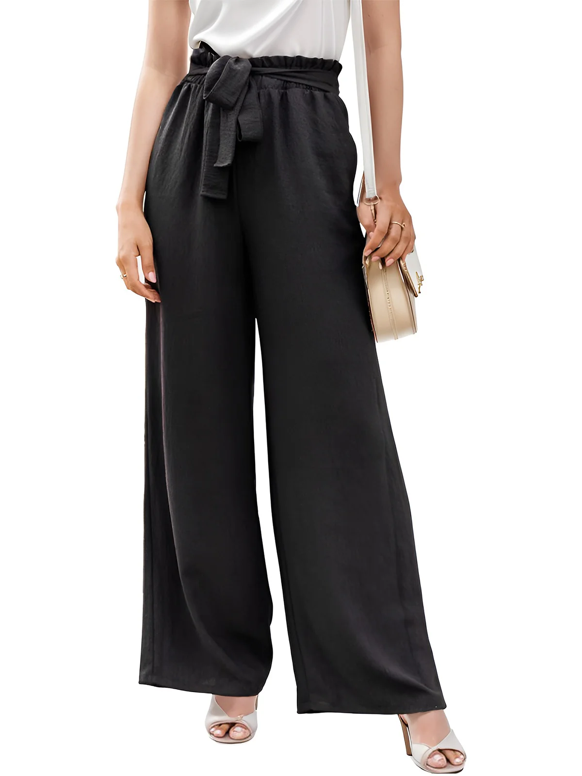 Black 1970s Solid Belted Wide-Leg Pants - Image 9