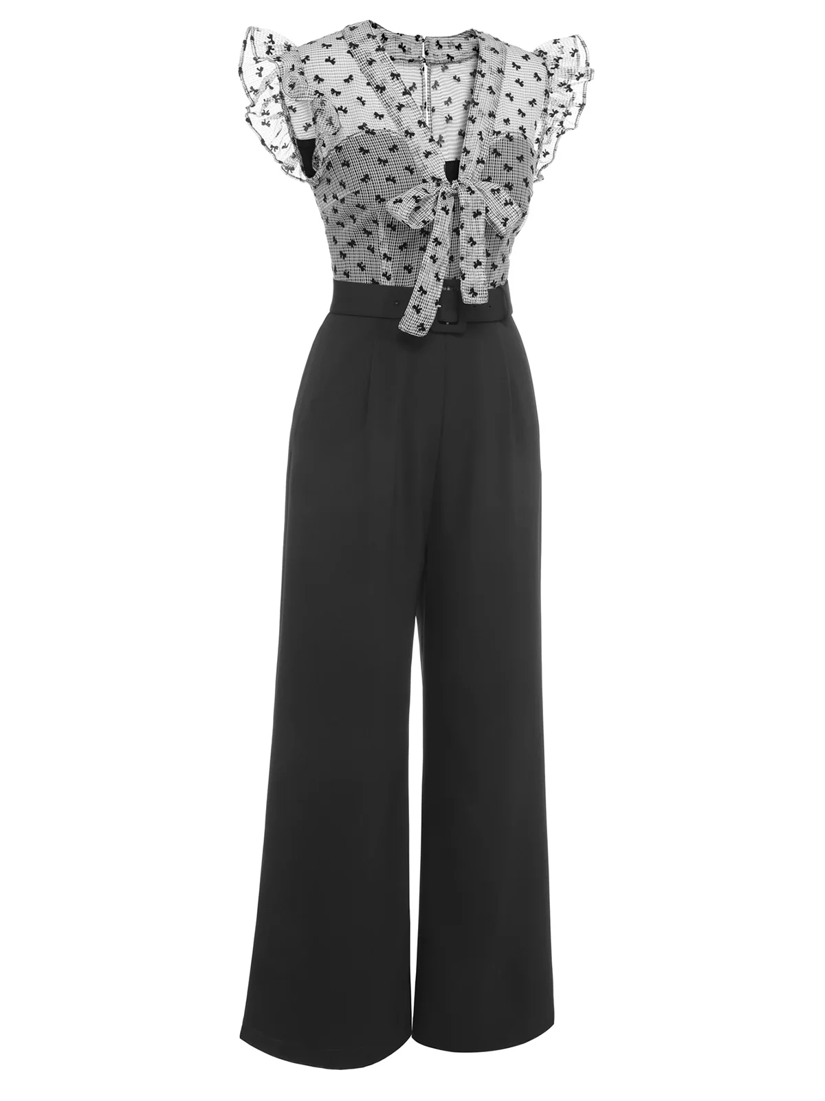 Black 1930s Mesh Bow-knot Patchwork Jumpsuit - Image 4