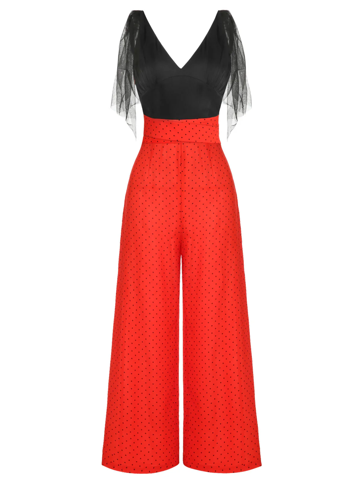 Black & Red 1930s Polka Dot Patchwork Jumpsuit - Image 3