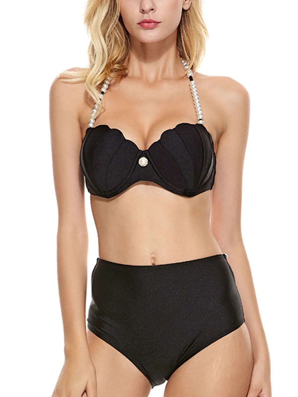 Black 1960s Shell Pearl Halter Bikini Set - Image 5