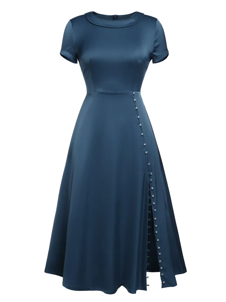 Blue 1940s Pearl Buttons Darlene Dress - Image 3