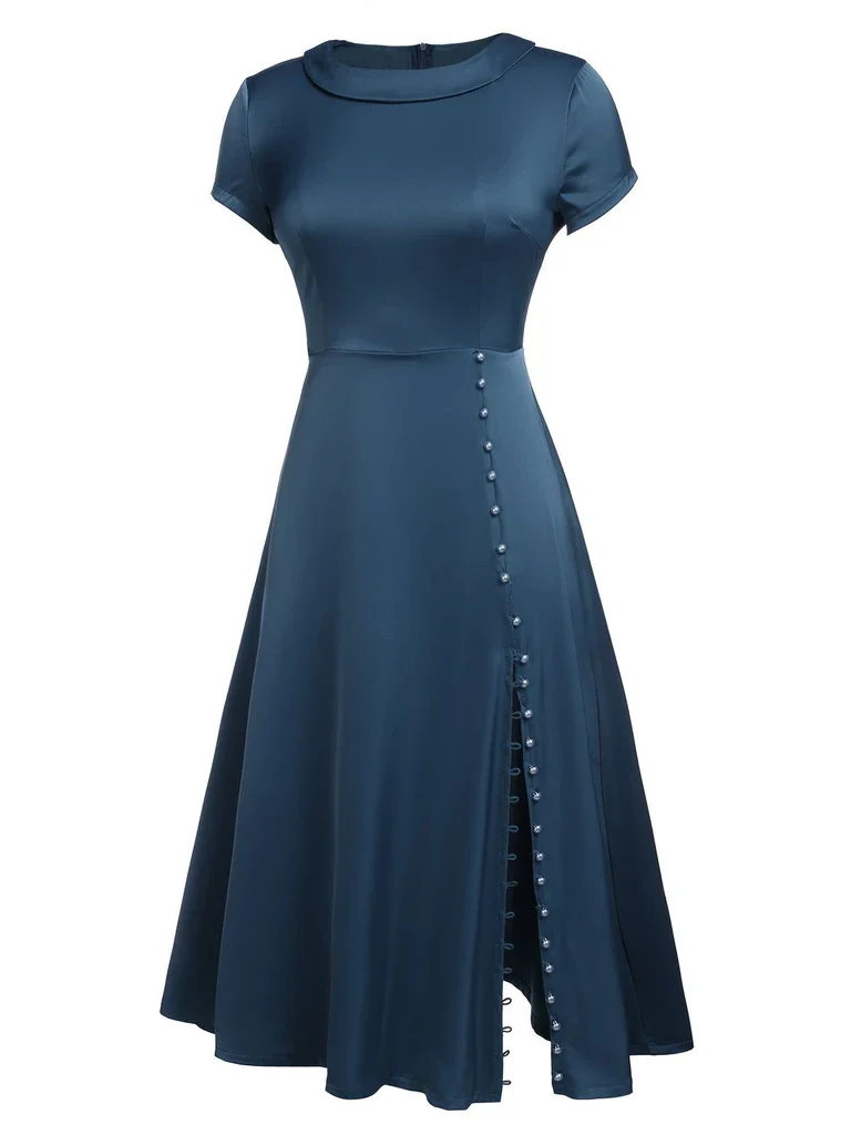 Blue 1940s Pearl Buttons Darlene Dress - Image 4