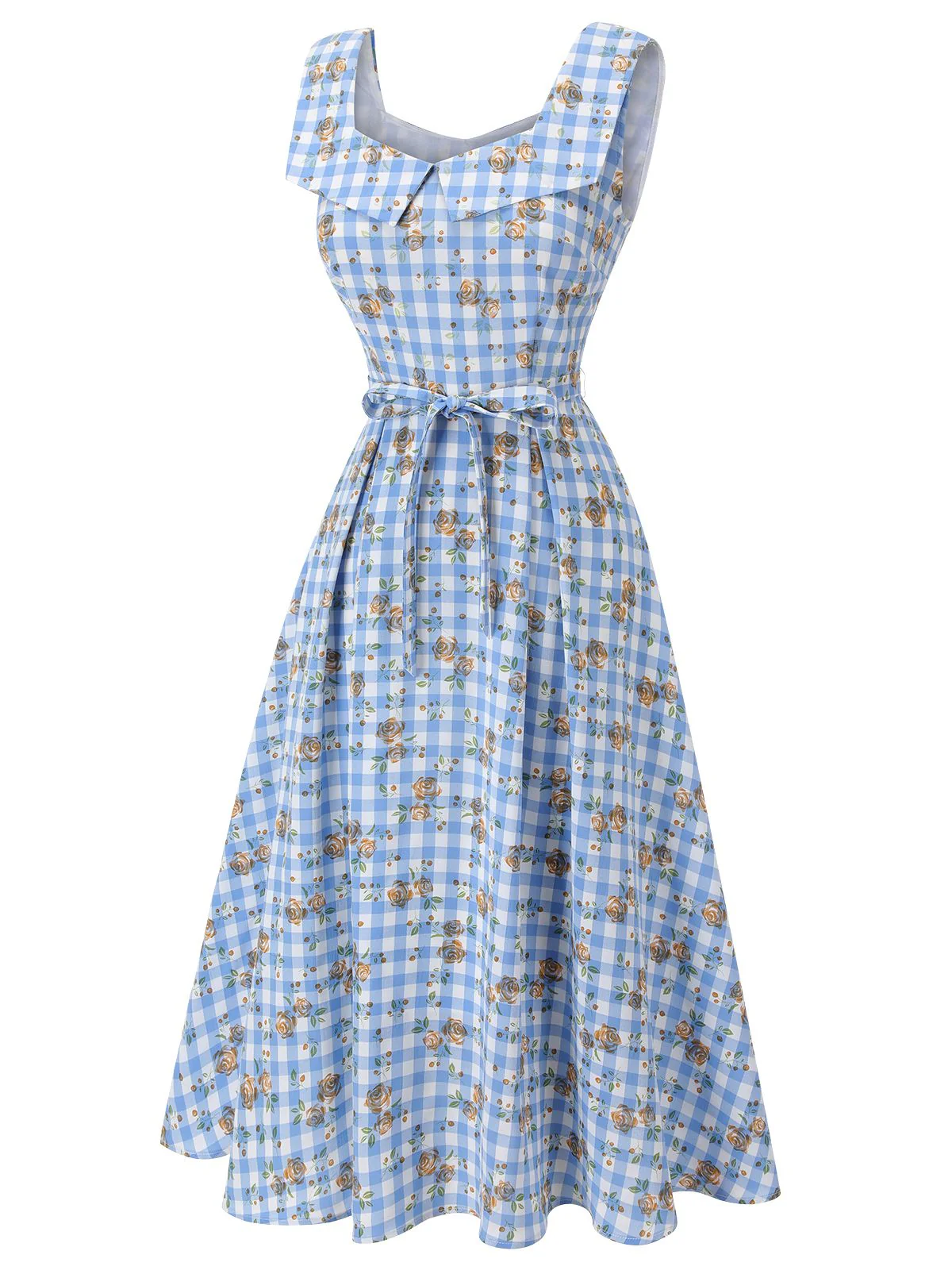 Blue 1940s Rose Gingham Lace Up Dress - Image 3