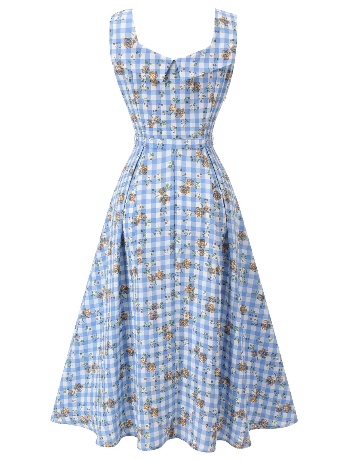 Blue 1940s Rose Gingham Lace Up Dress - Image 4