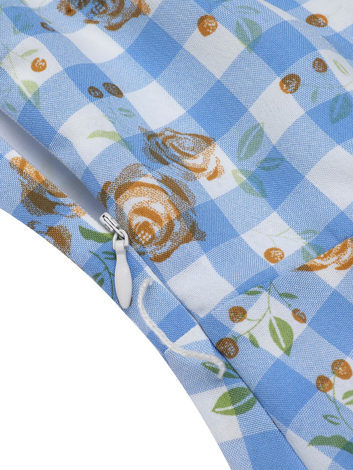 Blue 1940s Rose Gingham Lace Up Dress - Image 6