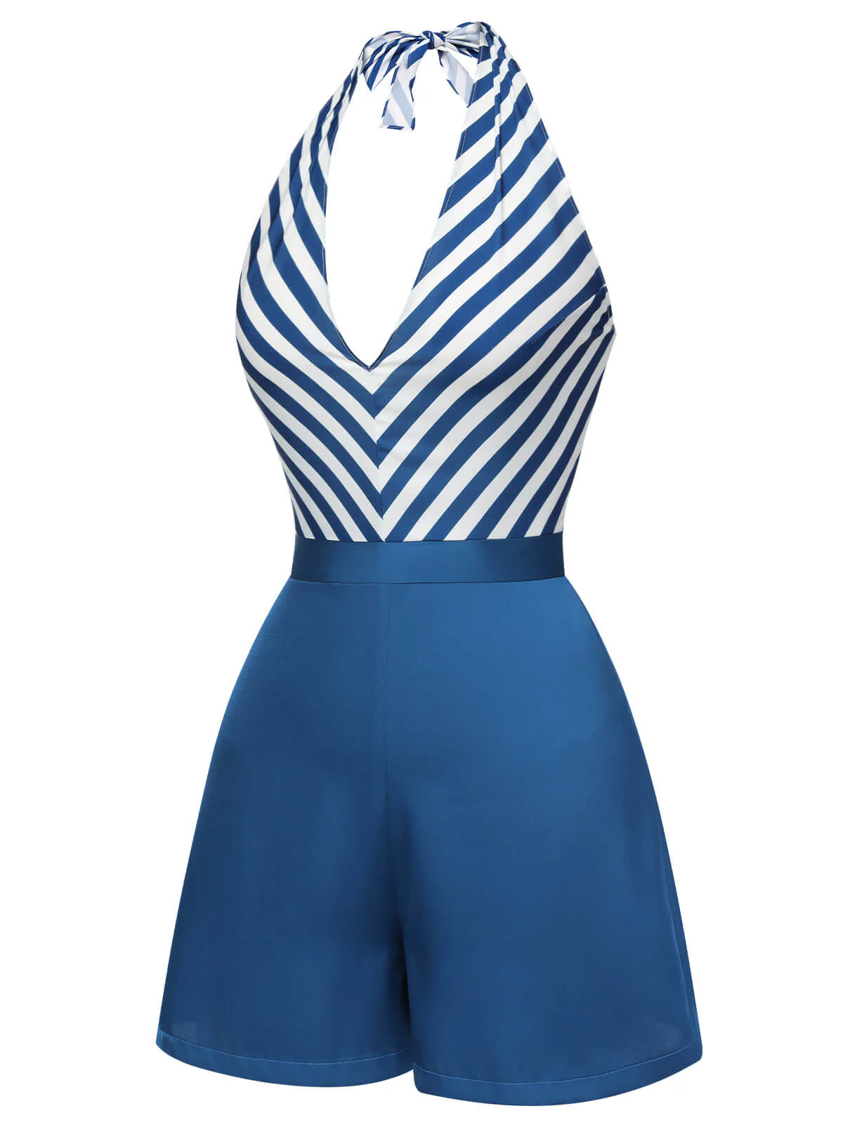 Blue 1940s Symmetrical Stripe V-Neck Halter Romper - Image 3