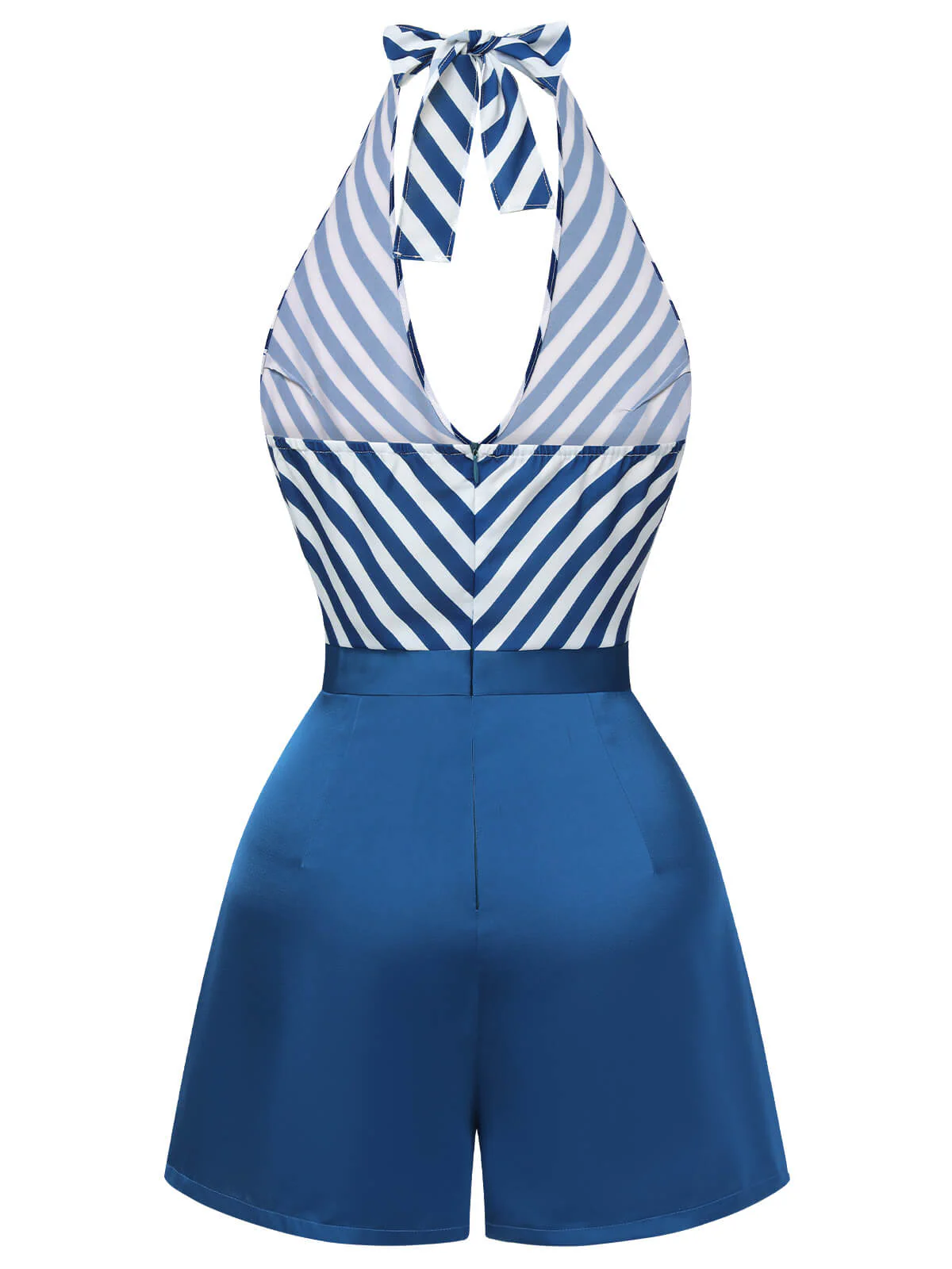 Blue 1940s Symmetrical Stripe V-Neck Halter Romper - Image 4