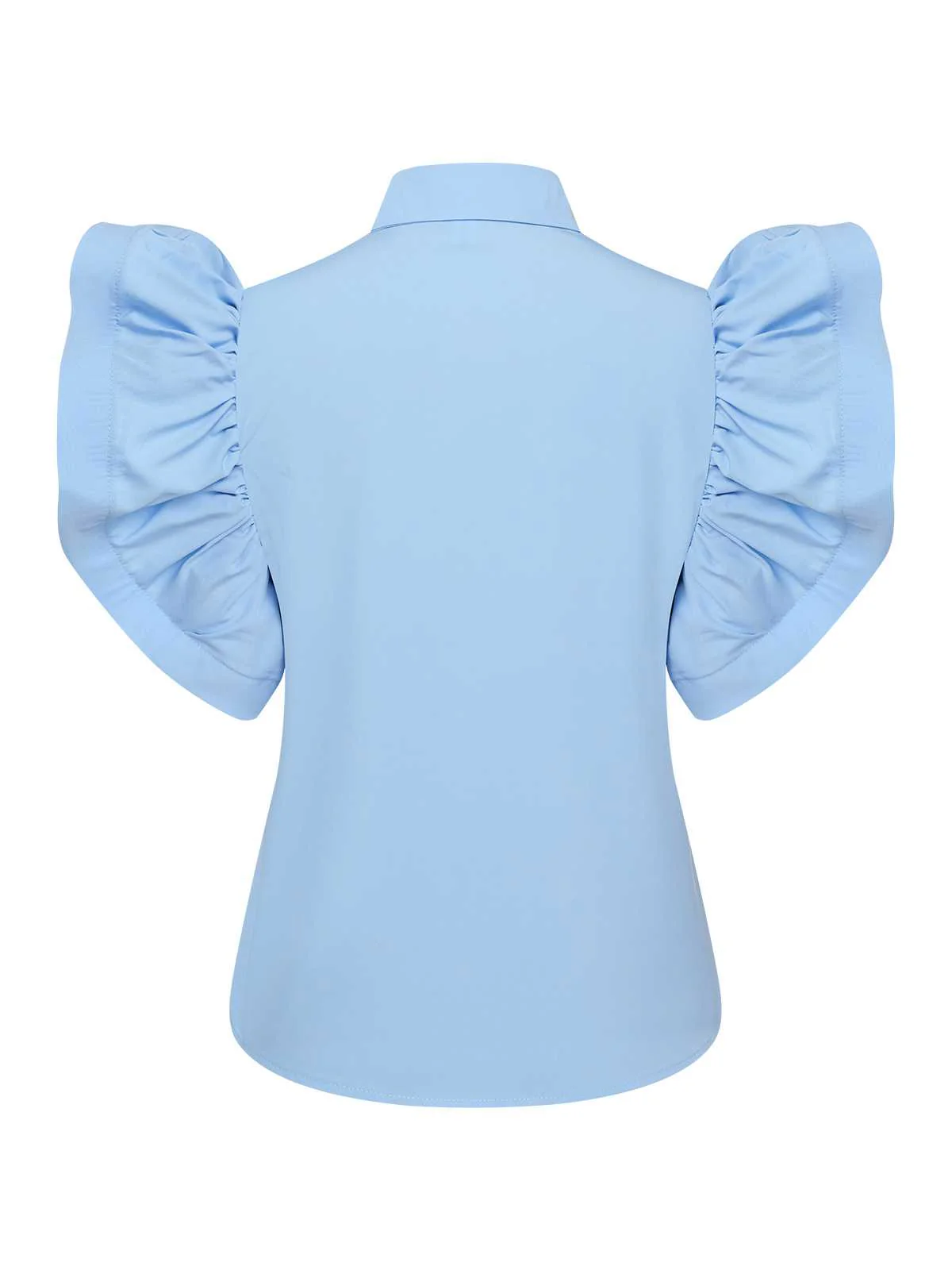 Blue 1950s Lapel Ruffles Sleeve Solid Blouse - Image 3