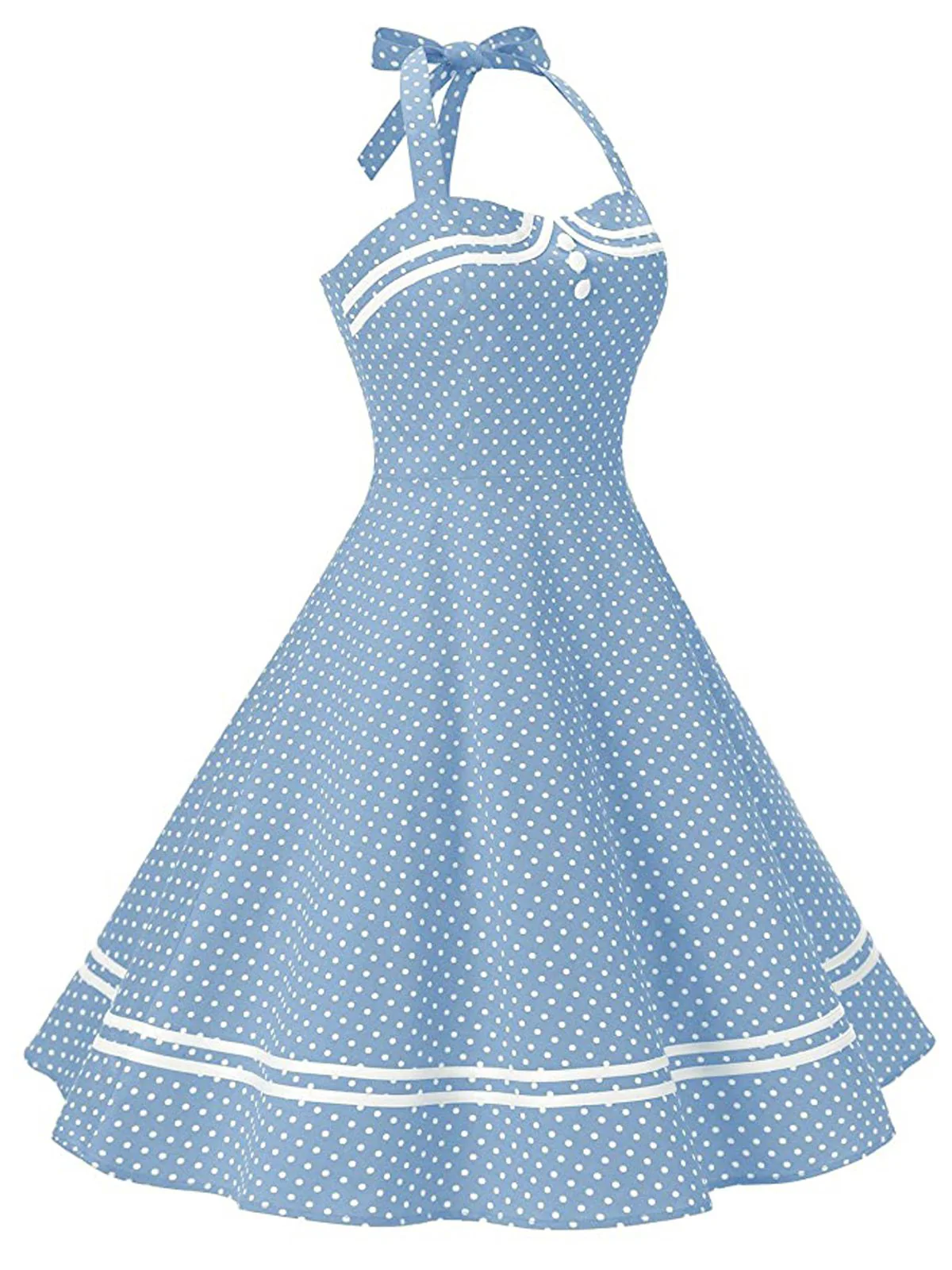 Blue 1950s Polka Dot Halter Swing Dress - Image 3