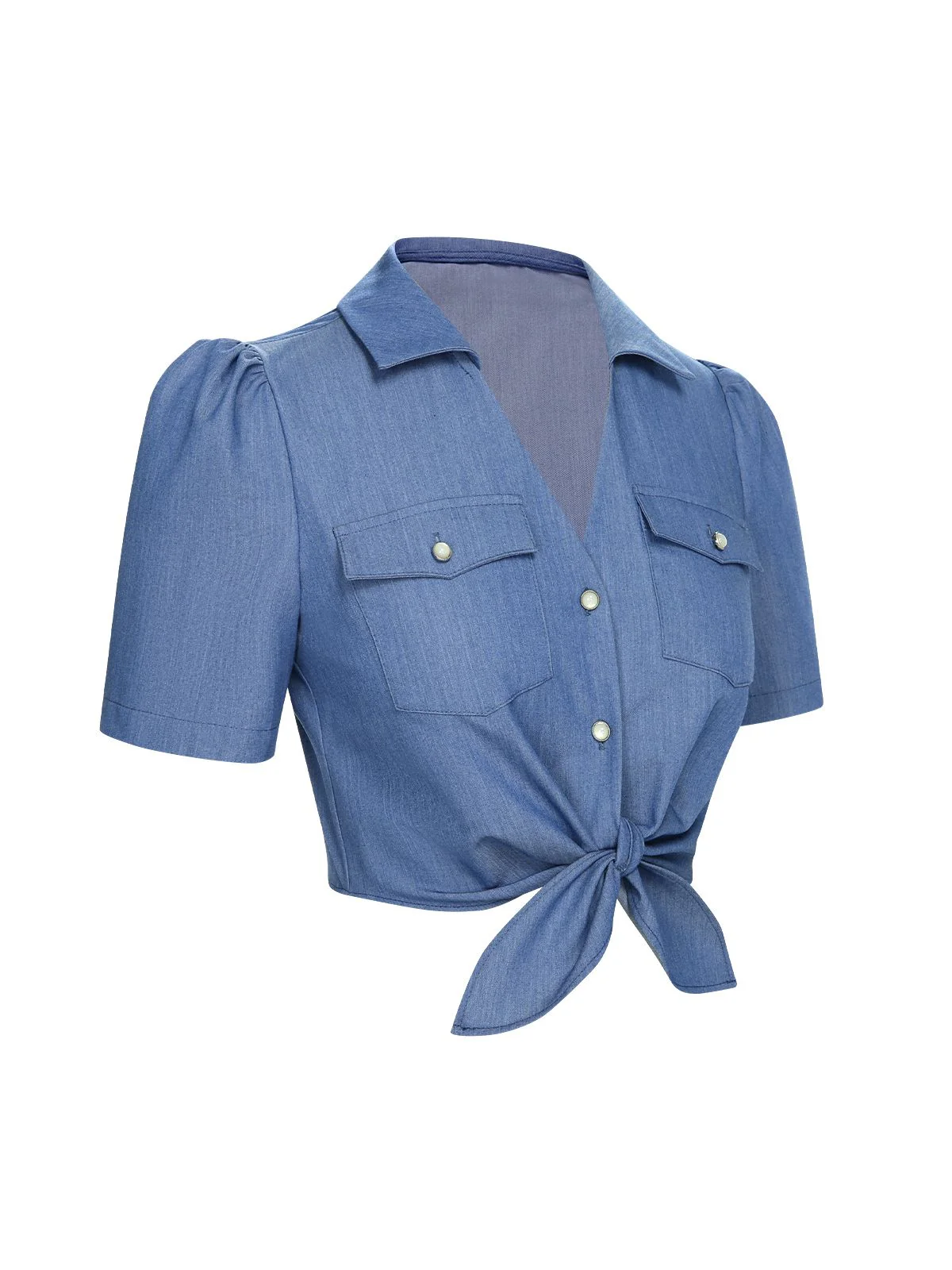 Blue 1950s Solid Waist Tie Lapel Blouse - Image 3