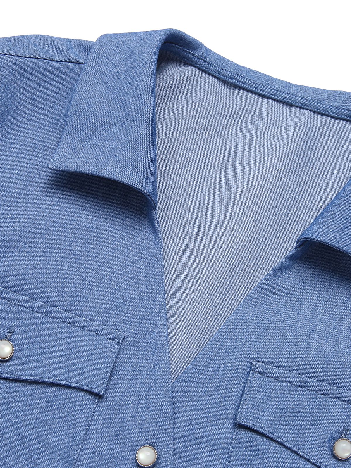 Blue 1950s Solid Waist Tie Lapel Blouse - Image 5