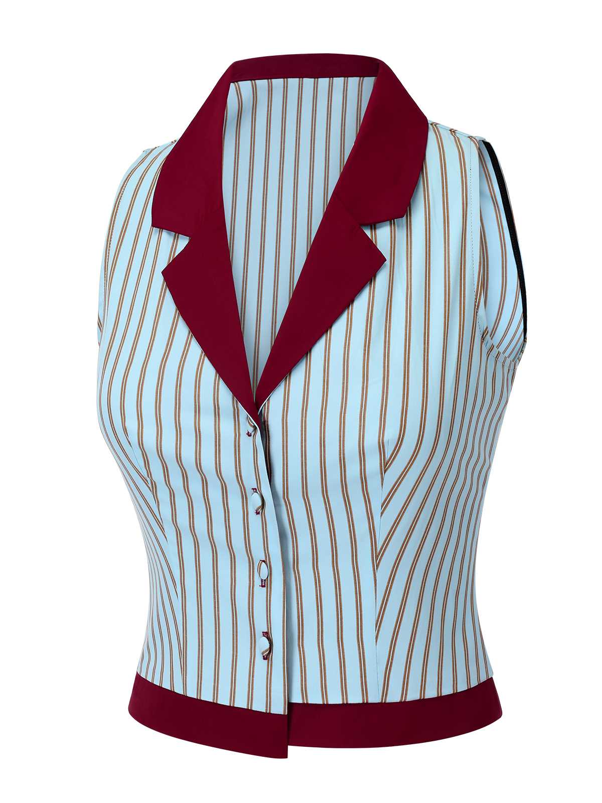 Blue 1950s Stripes Patchwork Sleeveless Blouse - Image 3