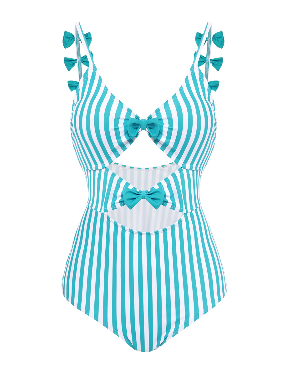 Blue 1960s Stripe Strap Bow One-Piece Swimsuit - Image 3