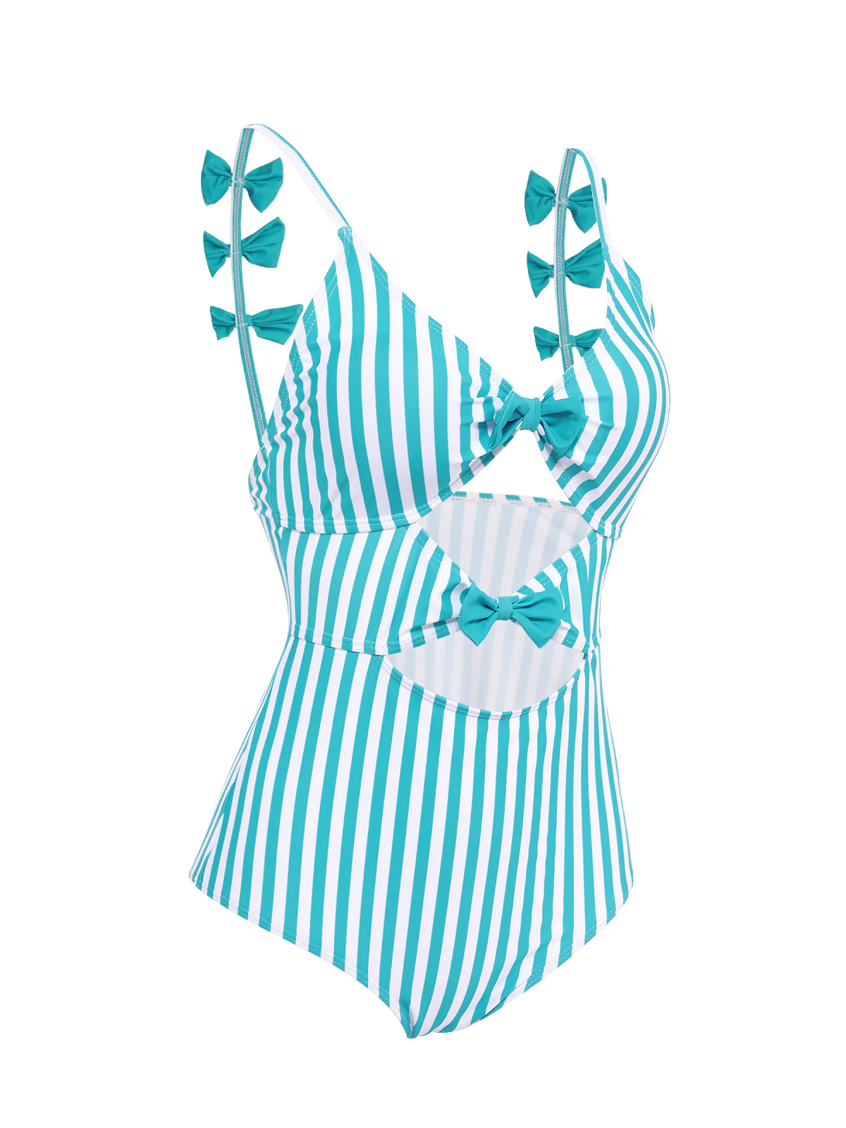 Blue 1960s Stripe Strap Bow One-Piece Swimsuit - Image 4