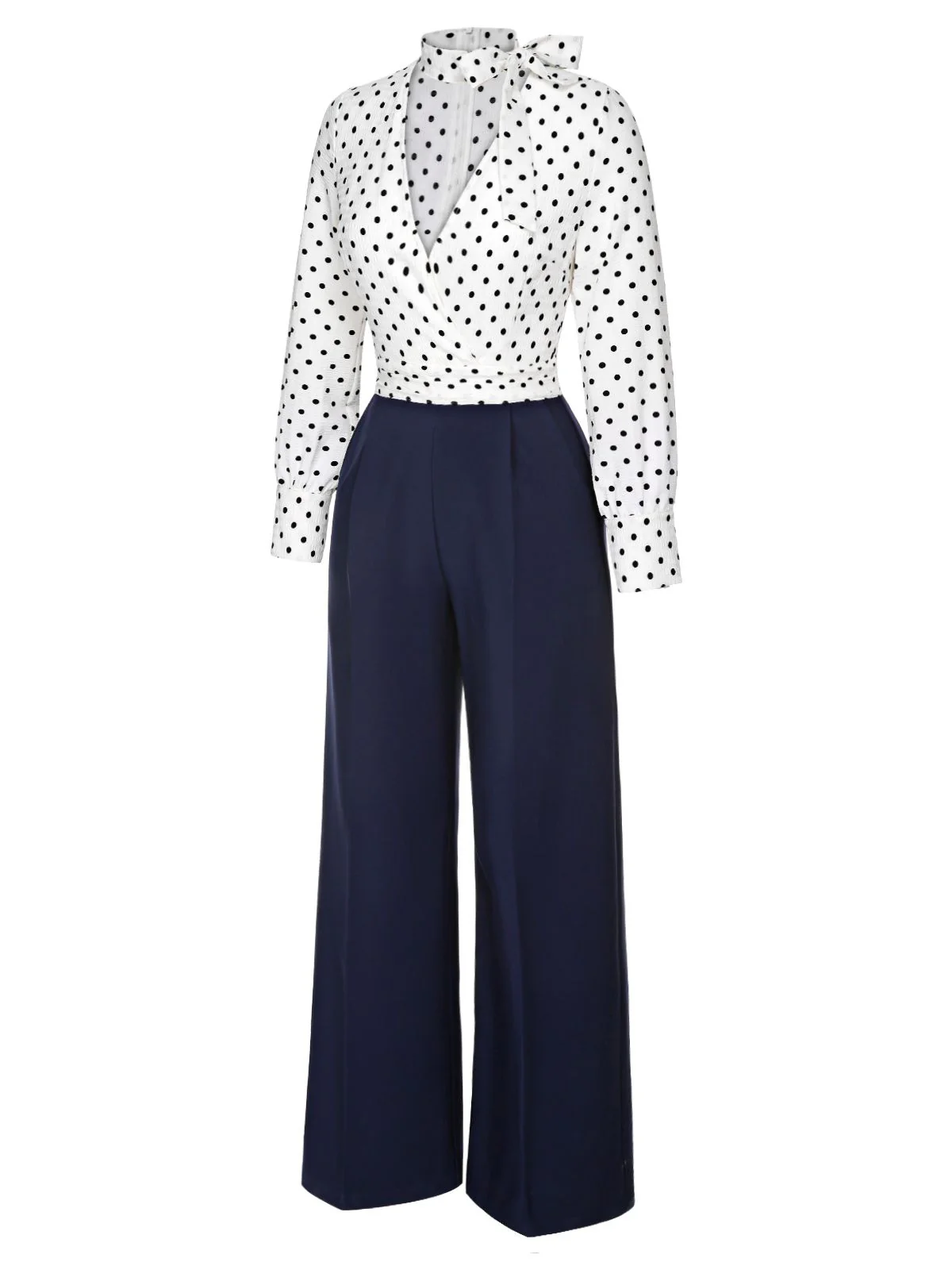 Blue & White 1930s Polka Dots Tie Neck Jumpsuit - Image 3