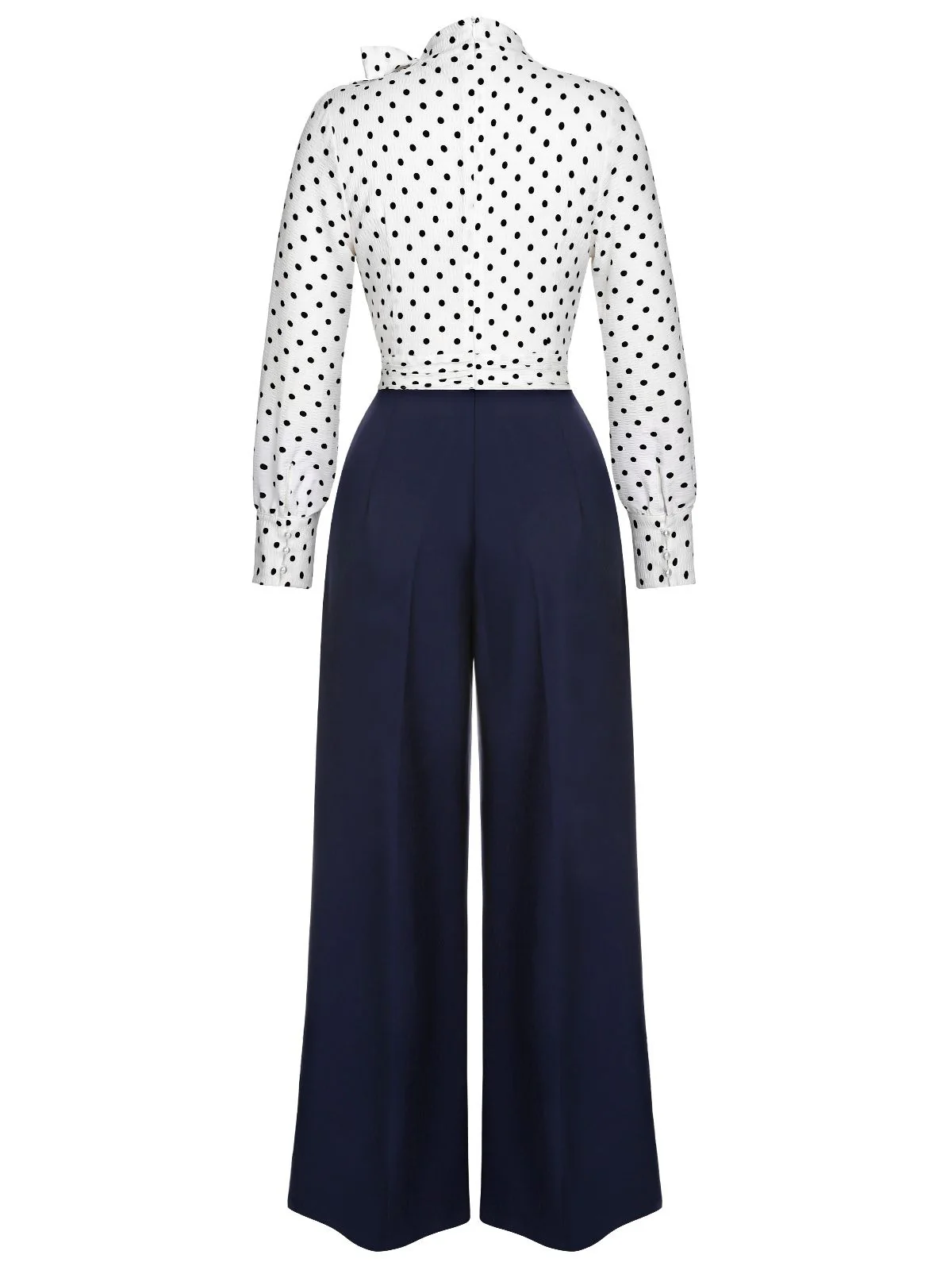 Blue & White 1930s Polka Dots Tie Neck Jumpsuit - Image 4