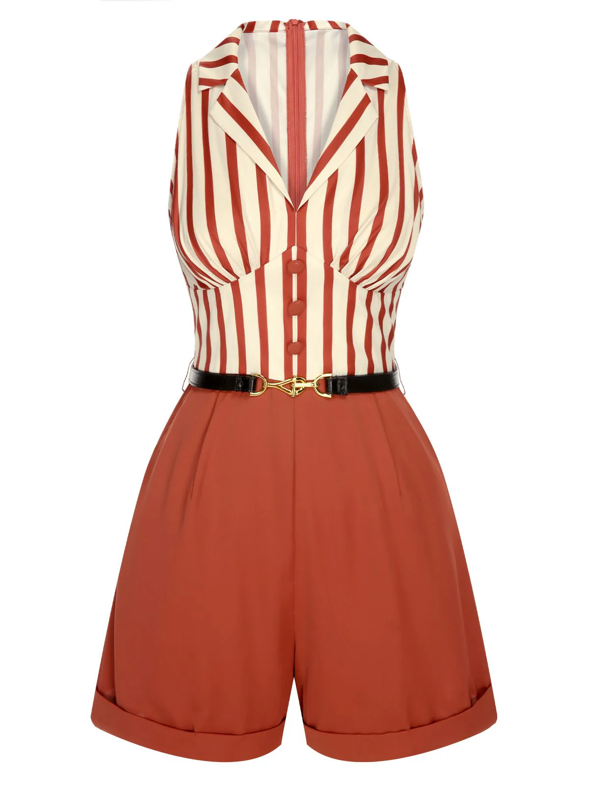 Brick Red 1940s Striped Lapel Romper - Image 3