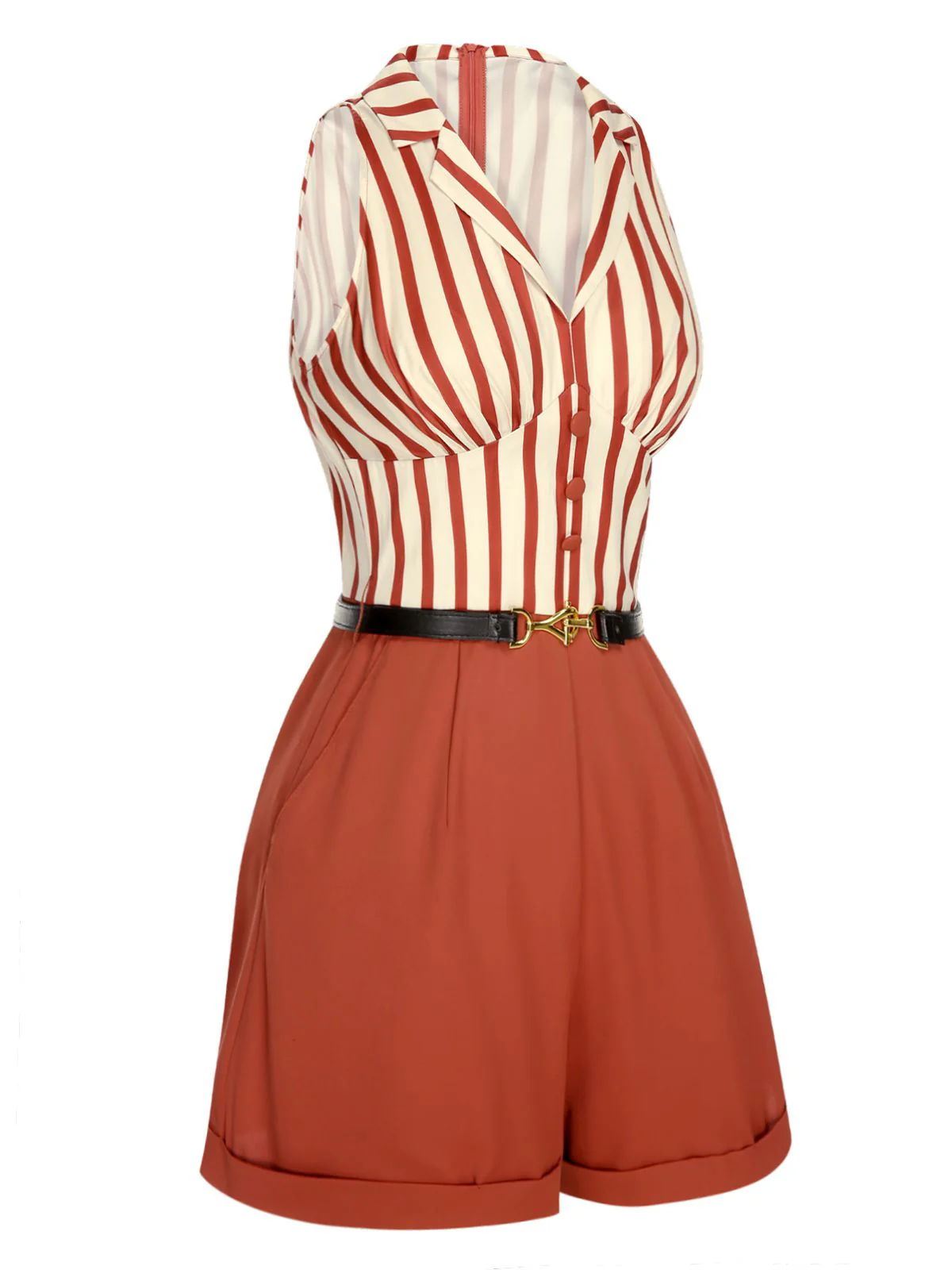 Brick Red 1940s Striped Lapel Romper - Image 4