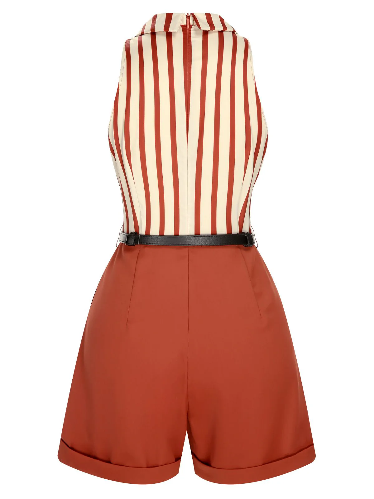 Brick Red 1940s Striped Lapel Romper - Image 5
