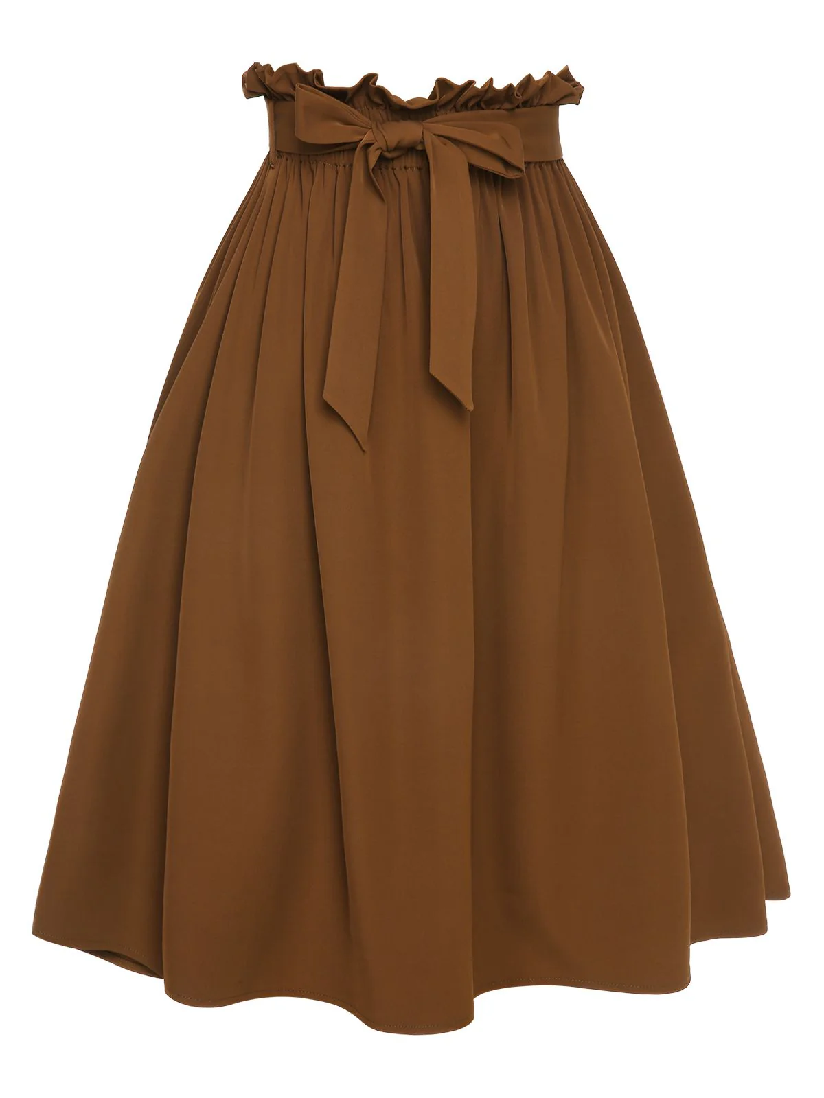 Brown 1950s Solid Elastic Waist Belt Skirt - Image 3