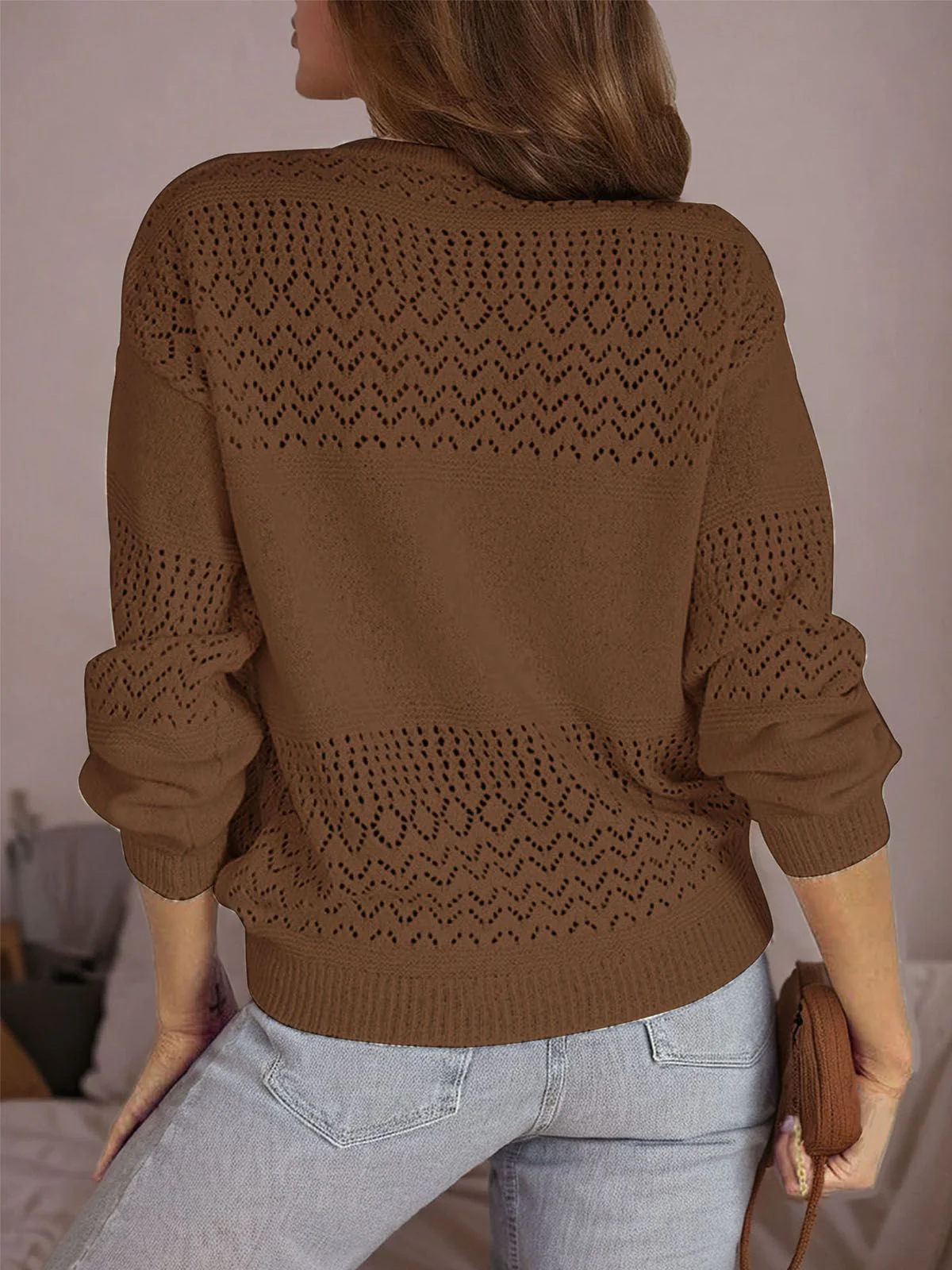 Brown 1970s Crew Neck Long Sleeve Knit Sweater - Image 4