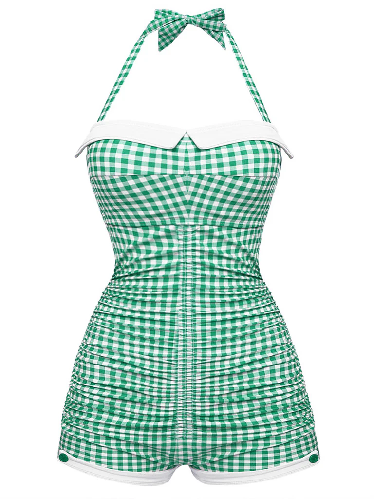 Gingham 1950s Halter Bowknot One-piece Swimsuit - Image 17