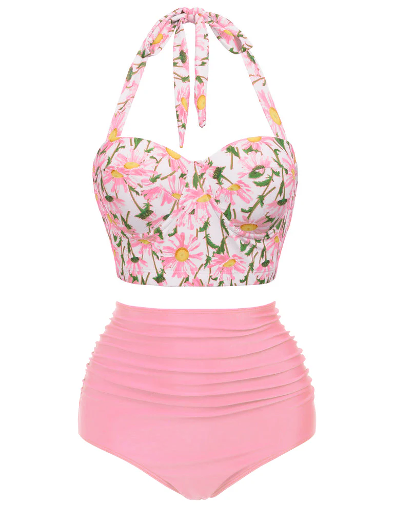 1950s Floral Halter Lace-up Bikini Set - Image 9