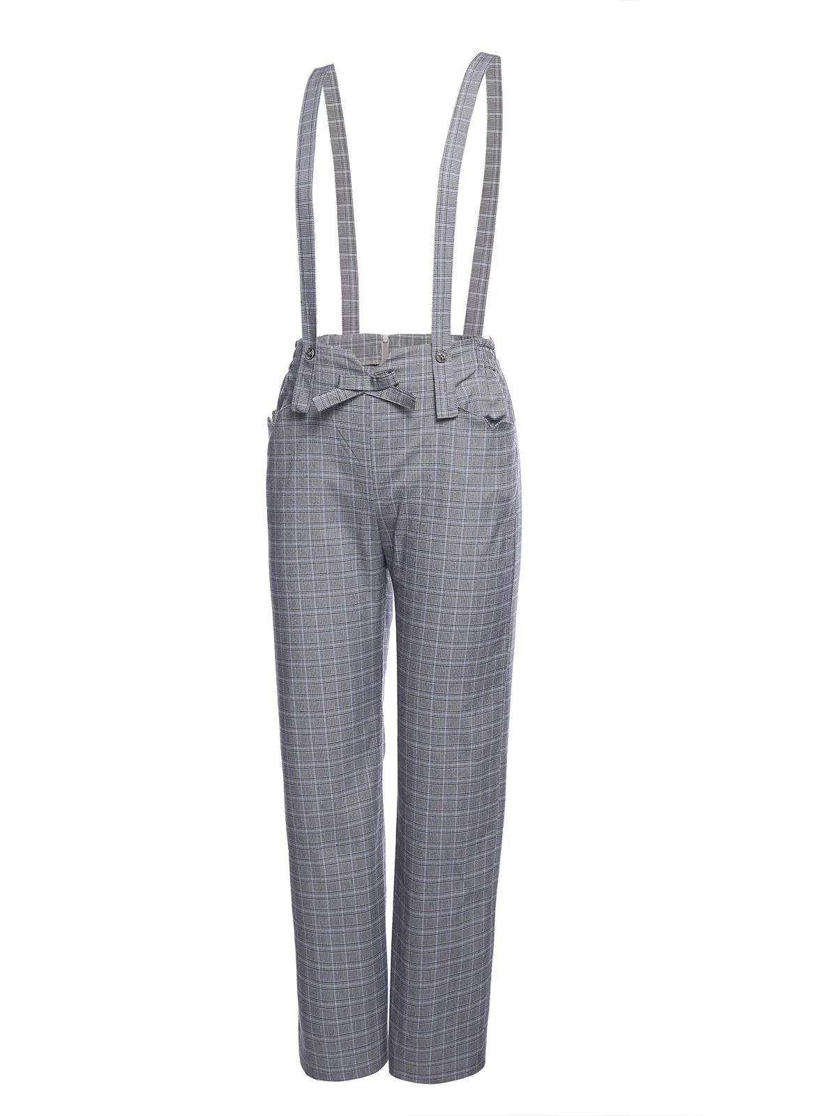 Gray 1950s Plaids Suspender Pants - Image 3