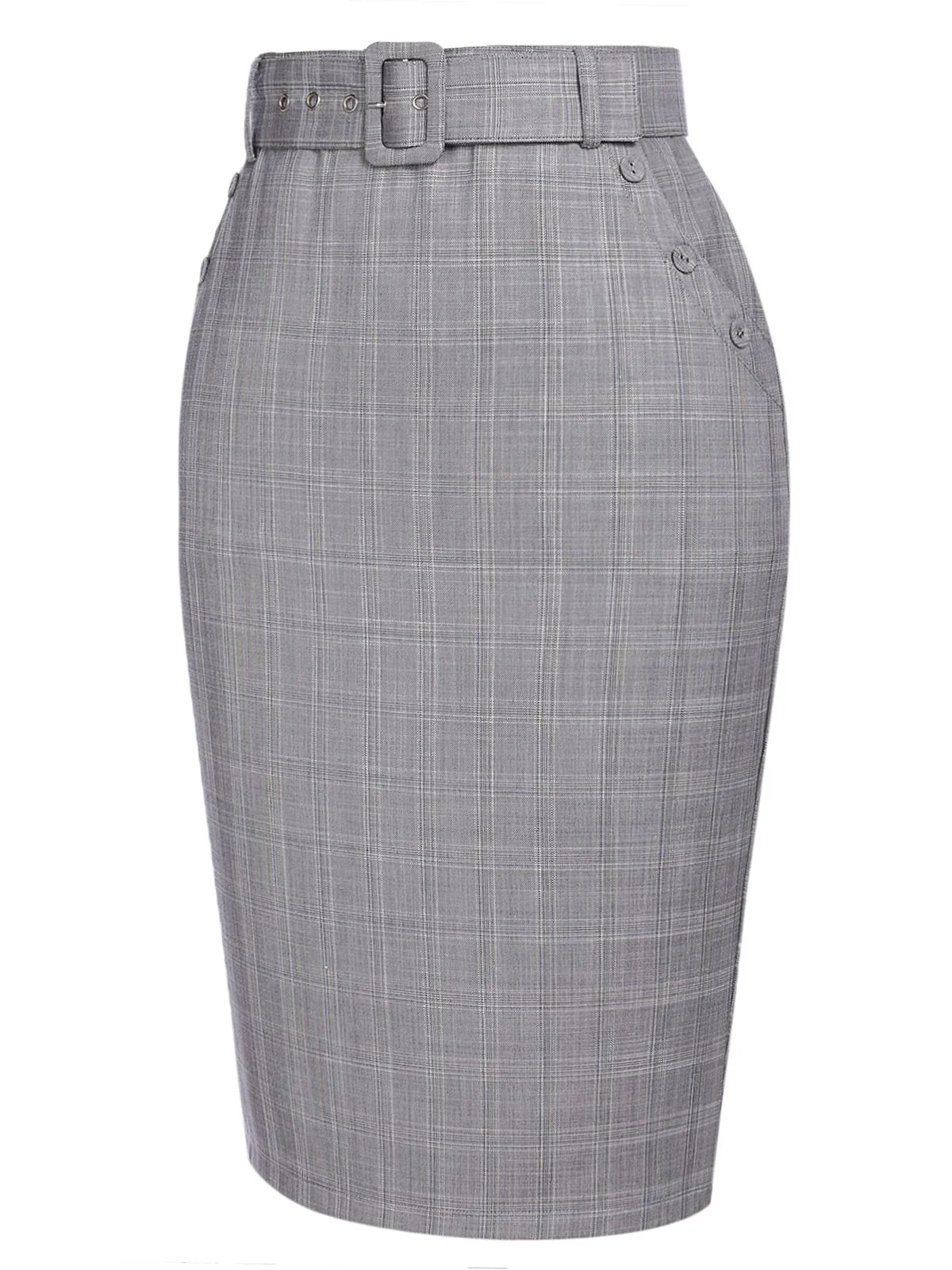 Gray 1960s Plaid Belt Pencil Skirt - Image 3