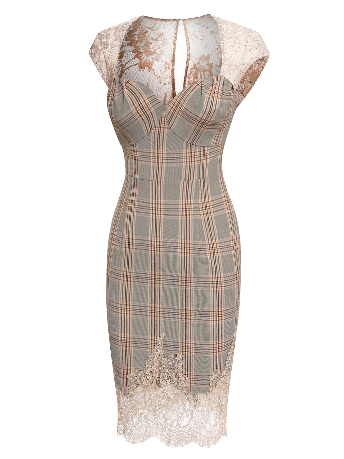 Gray 1960s Plaid Lace Pencil Dress - Image 3