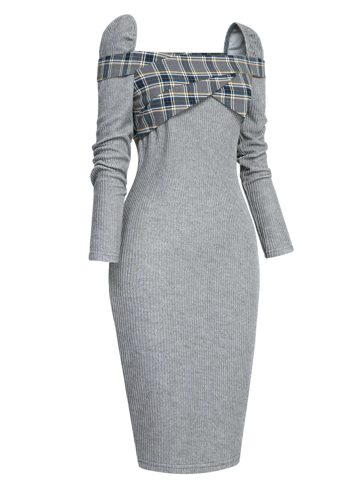 Gray 1960s Plaid Patchwork Pencil Dress - Image 3