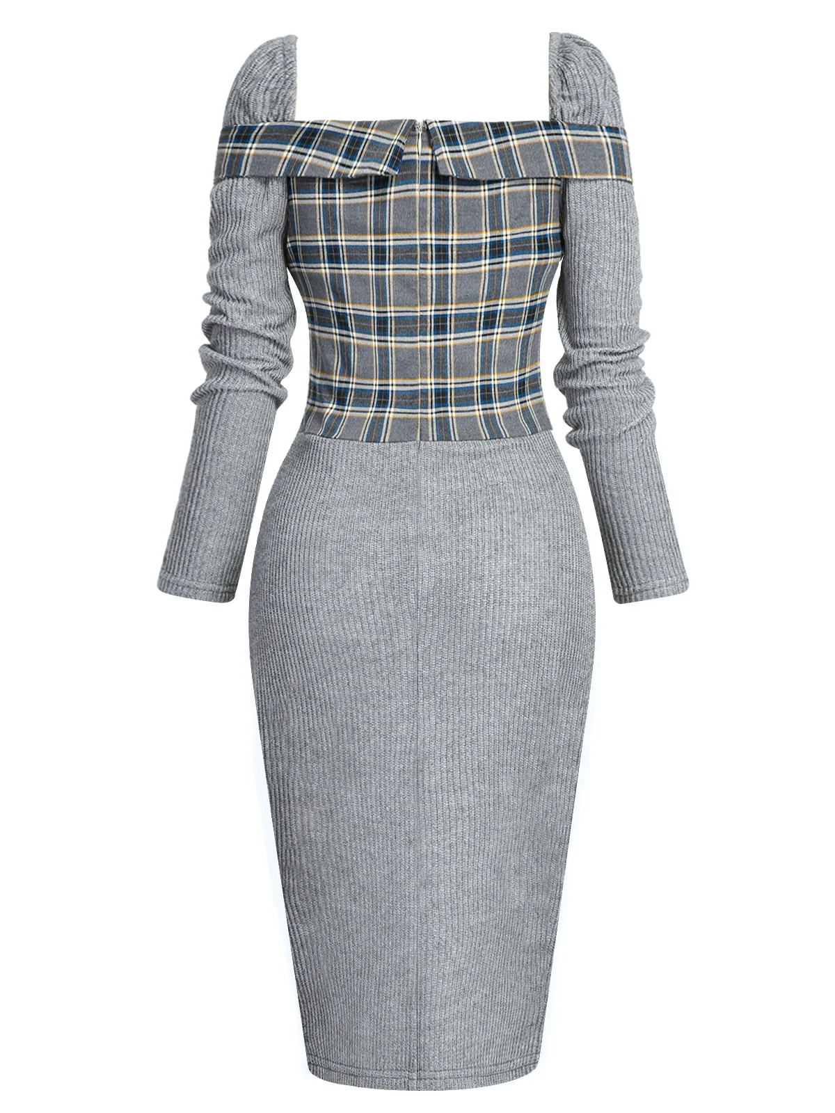 Gray 1960s Plaid Patchwork Pencil Dress - Image 4