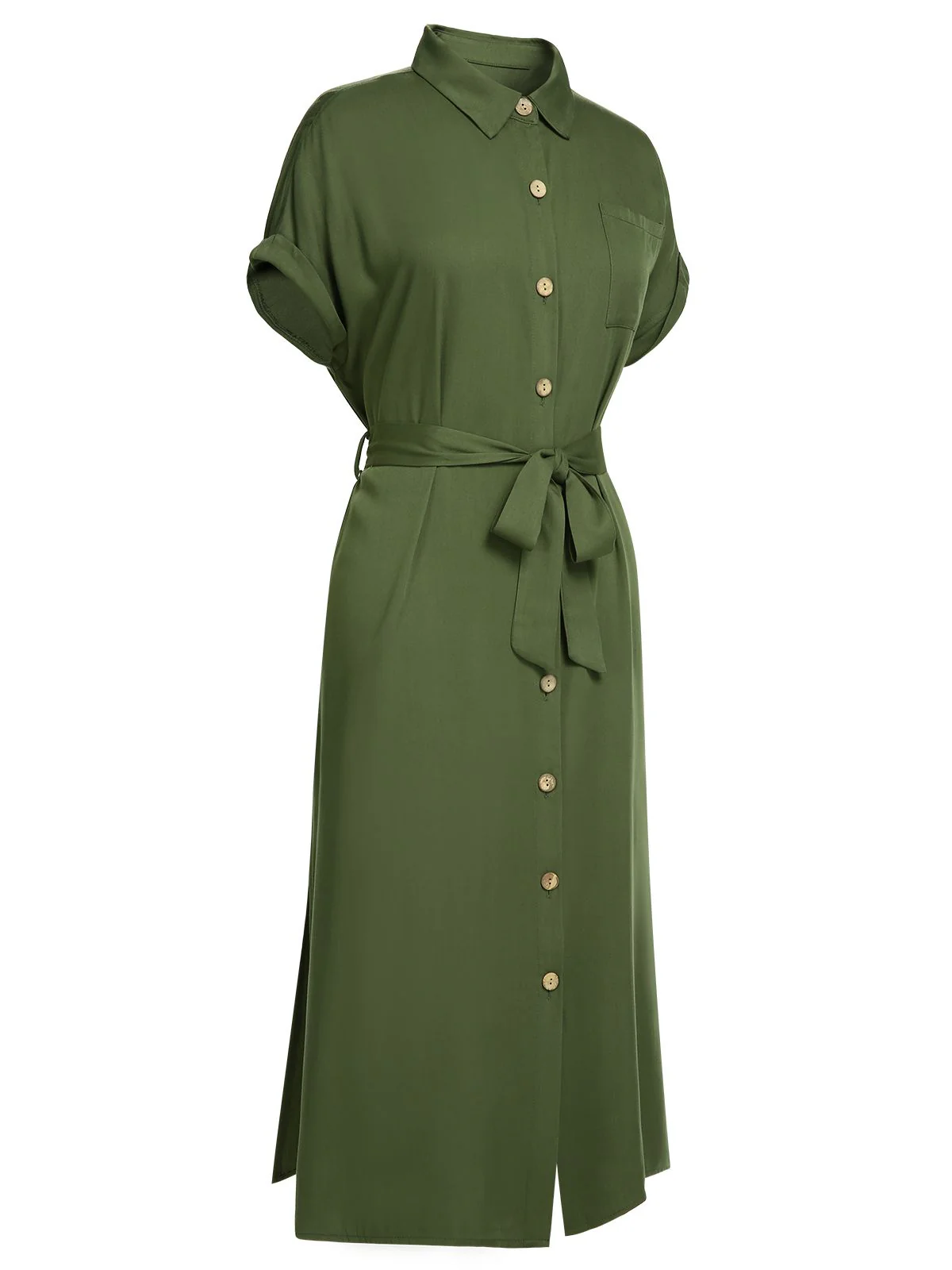 Green 1940s Solid Belted Slit Dress - Image 3