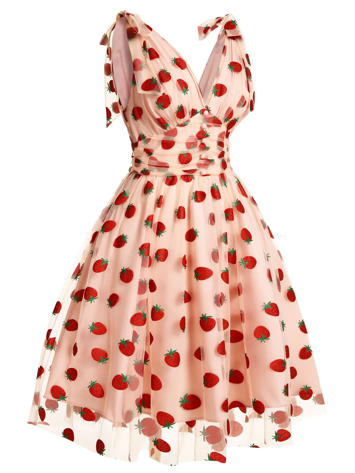 [Pre-Sale] Pink 1950s Strawberry Mesh Swing Dress - Image 4