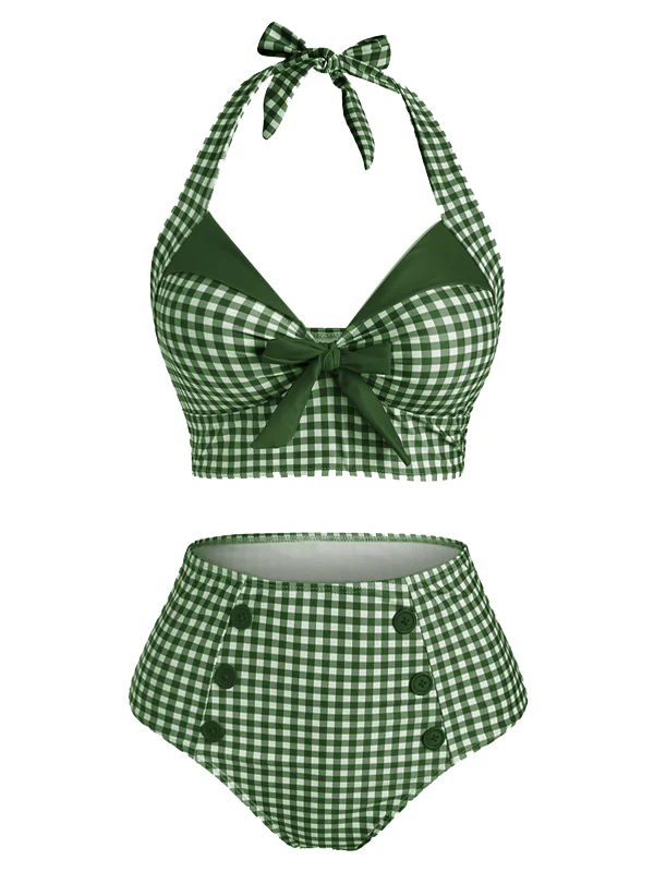 Red 1950s Gingham Halter Bowknot Bikini Set - Image 3