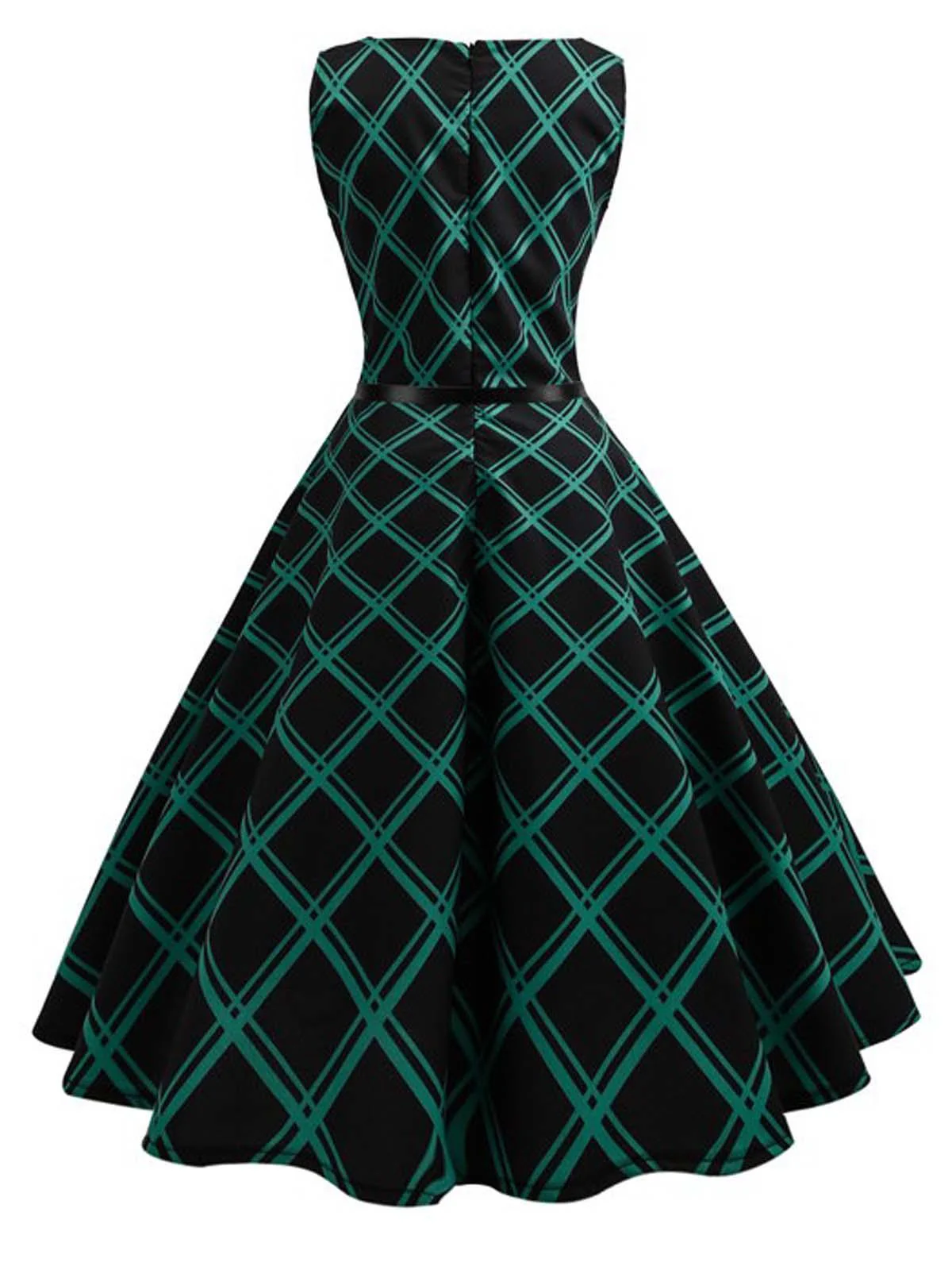 Green 1950s Plaid Belted Swing Dress - Image 3