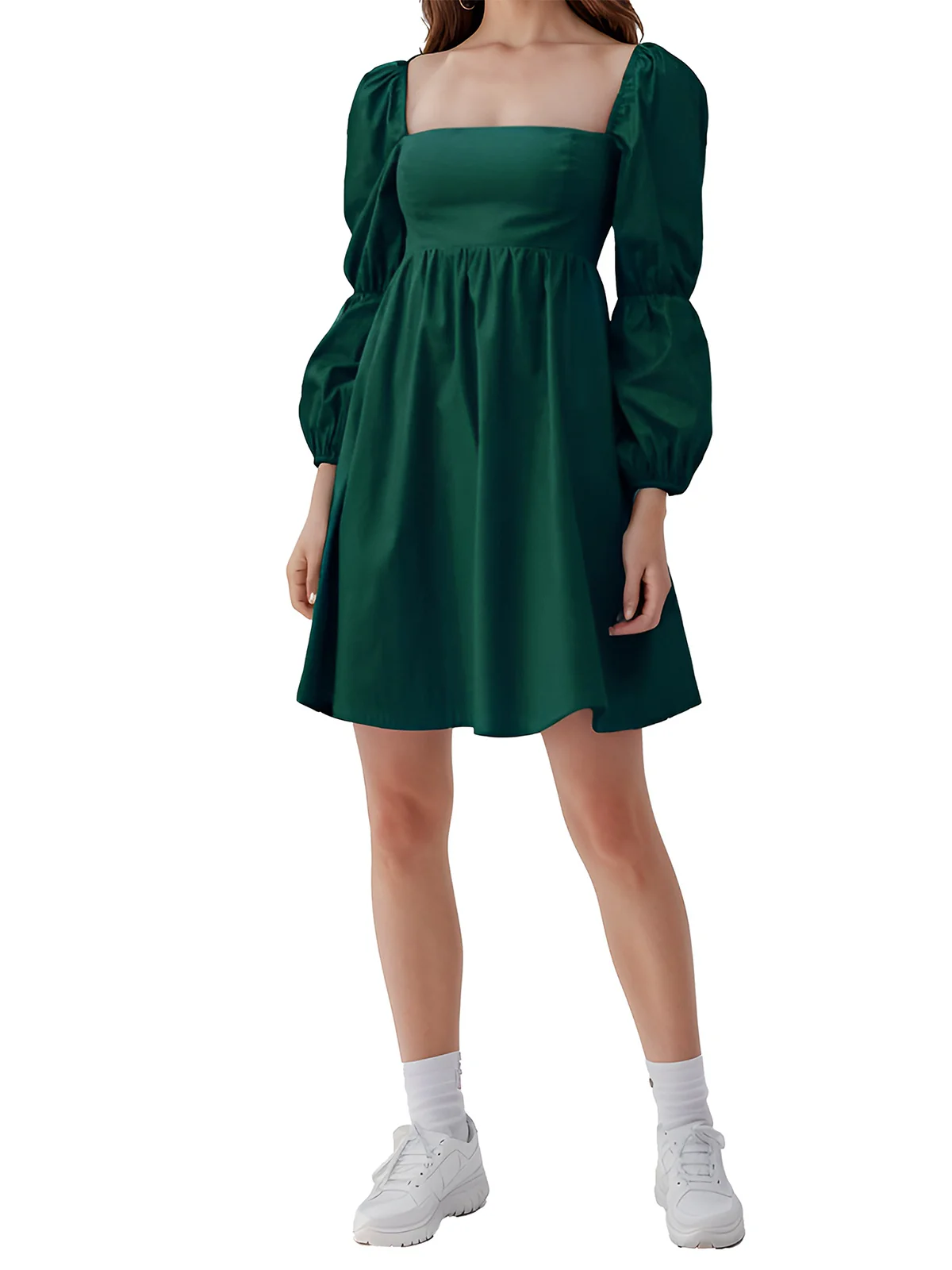 Green 1950s Solid Square Neck Puff Sleeve Dress - Image 11