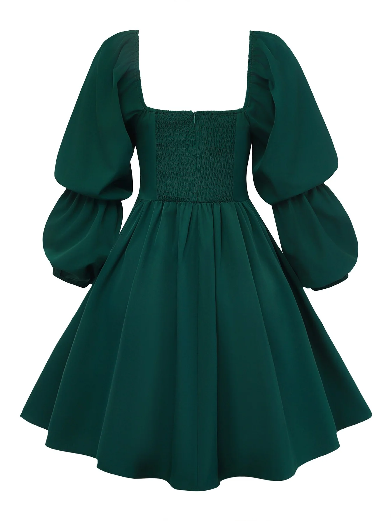 Green 1950s Solid Square Neck Puff Sleeve Dress - Image 3