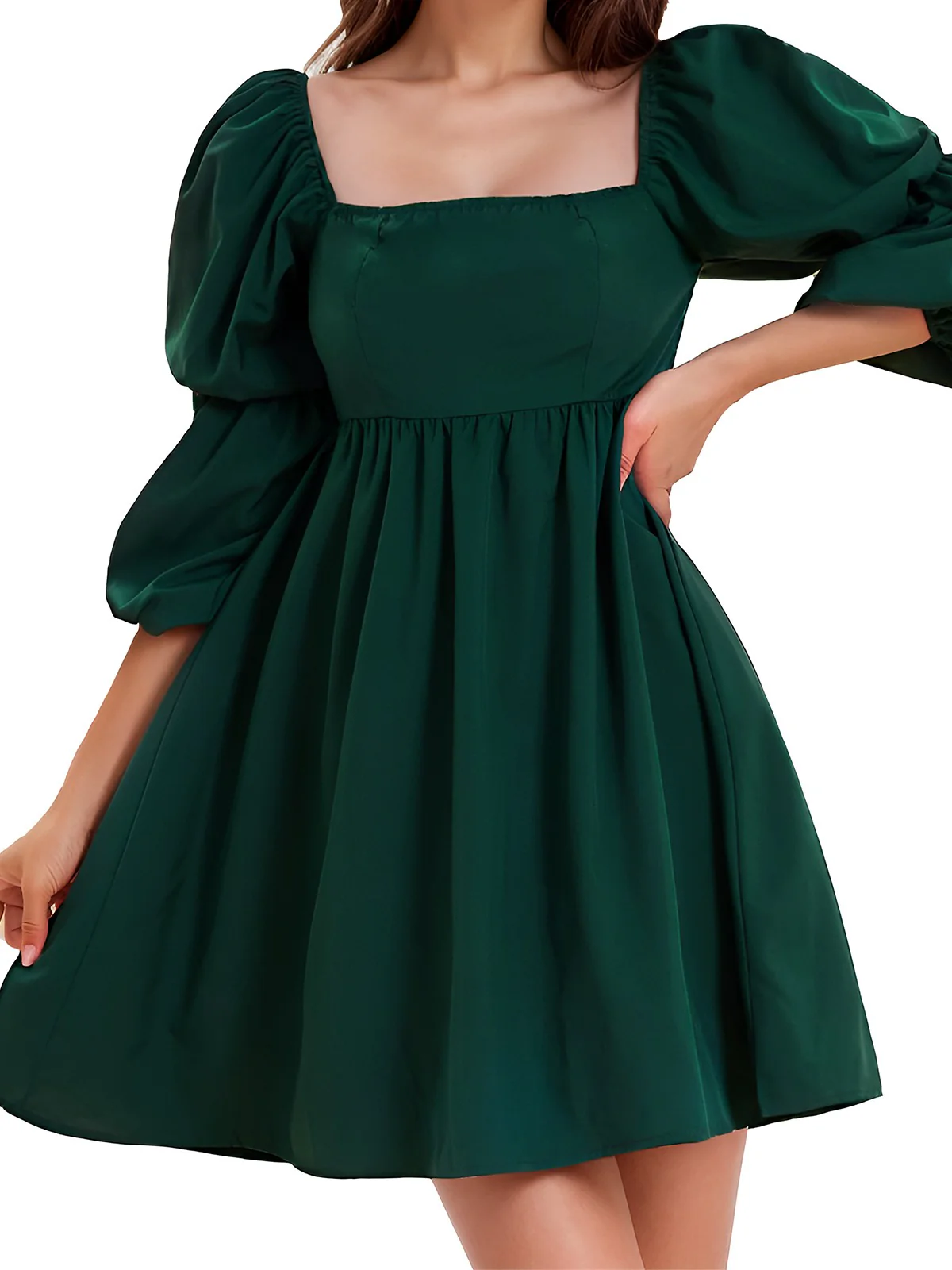 Green 1950s Solid Square Neck Puff Sleeve Dress - Image 8